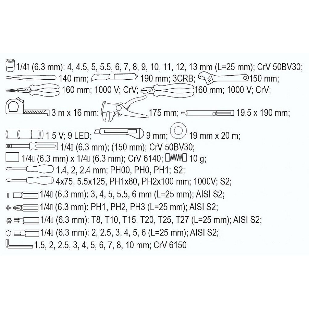 Sada elektro nářadí 1/4", 68 ks - YT-39009