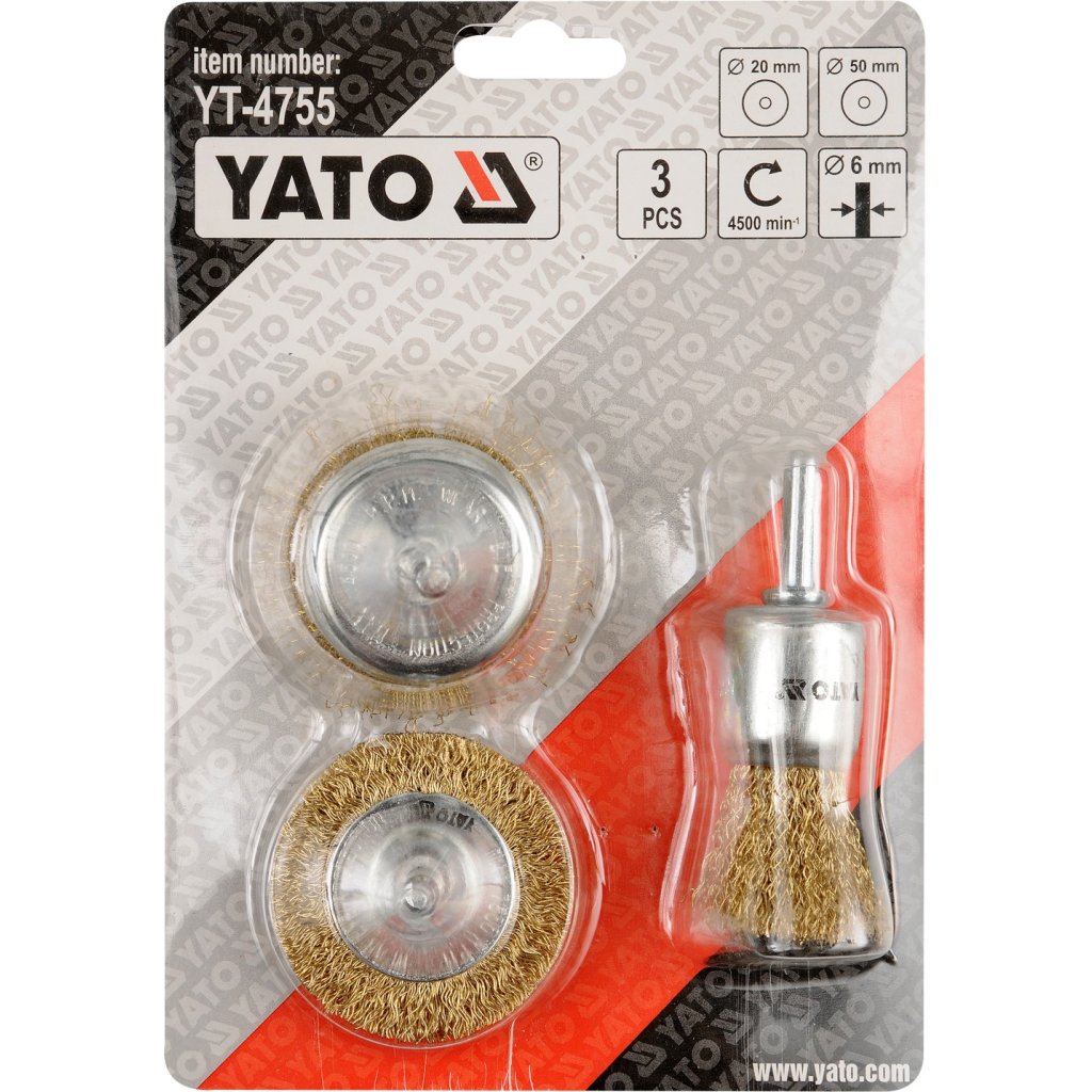Sada kartáčů drátěných s nástavcem do vrtačky 3 ks pomosazený drát, YATO YT-4755
