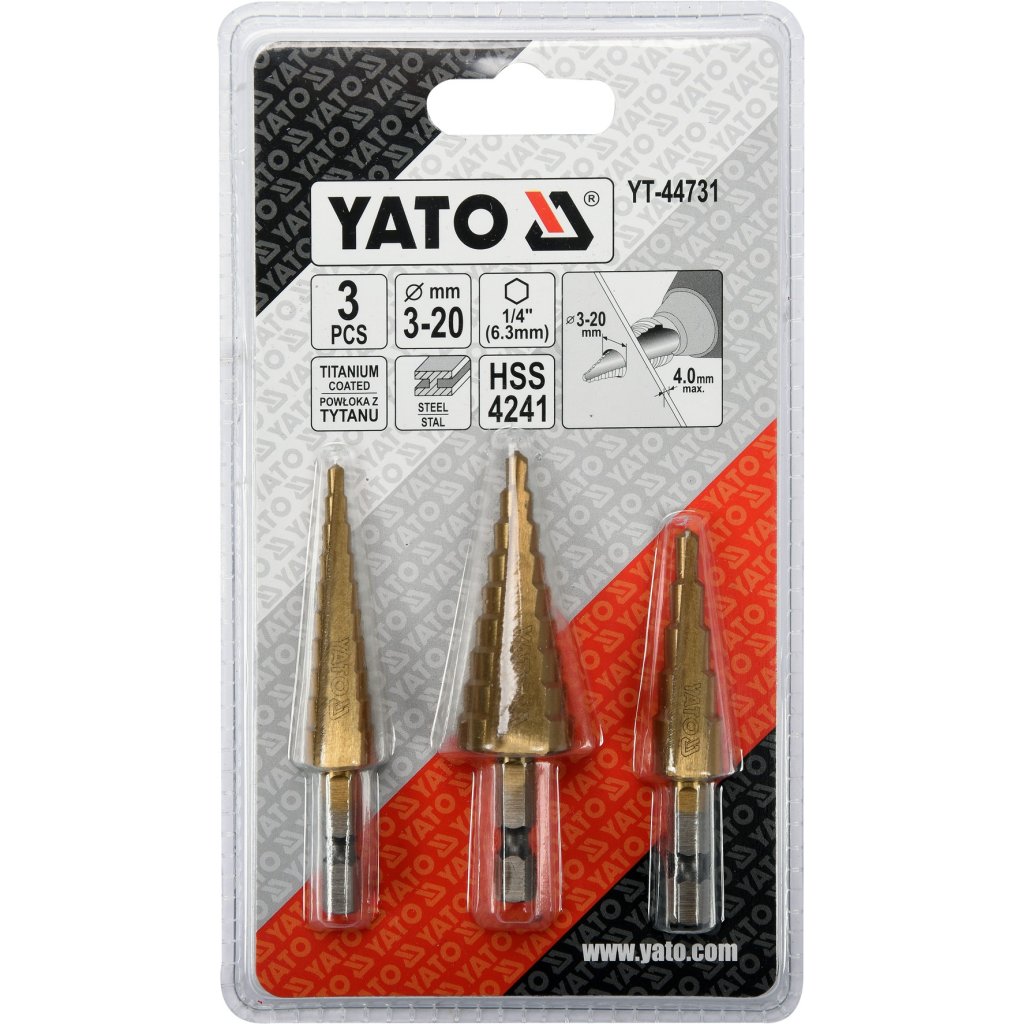 Sada stupňovitých kuželových vrtáků 3-20mm, YATO