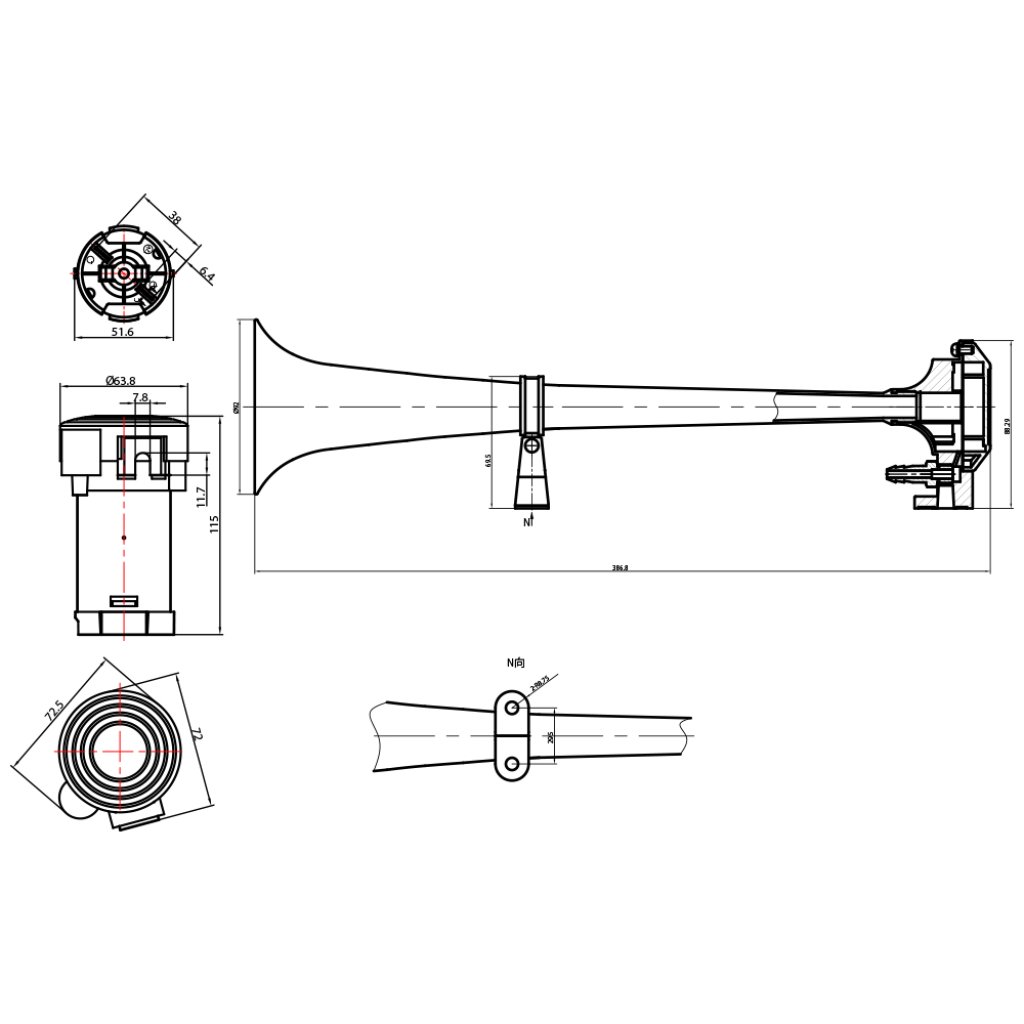 Singl-fanfára 387mm, chrom, 24V s kompresorem