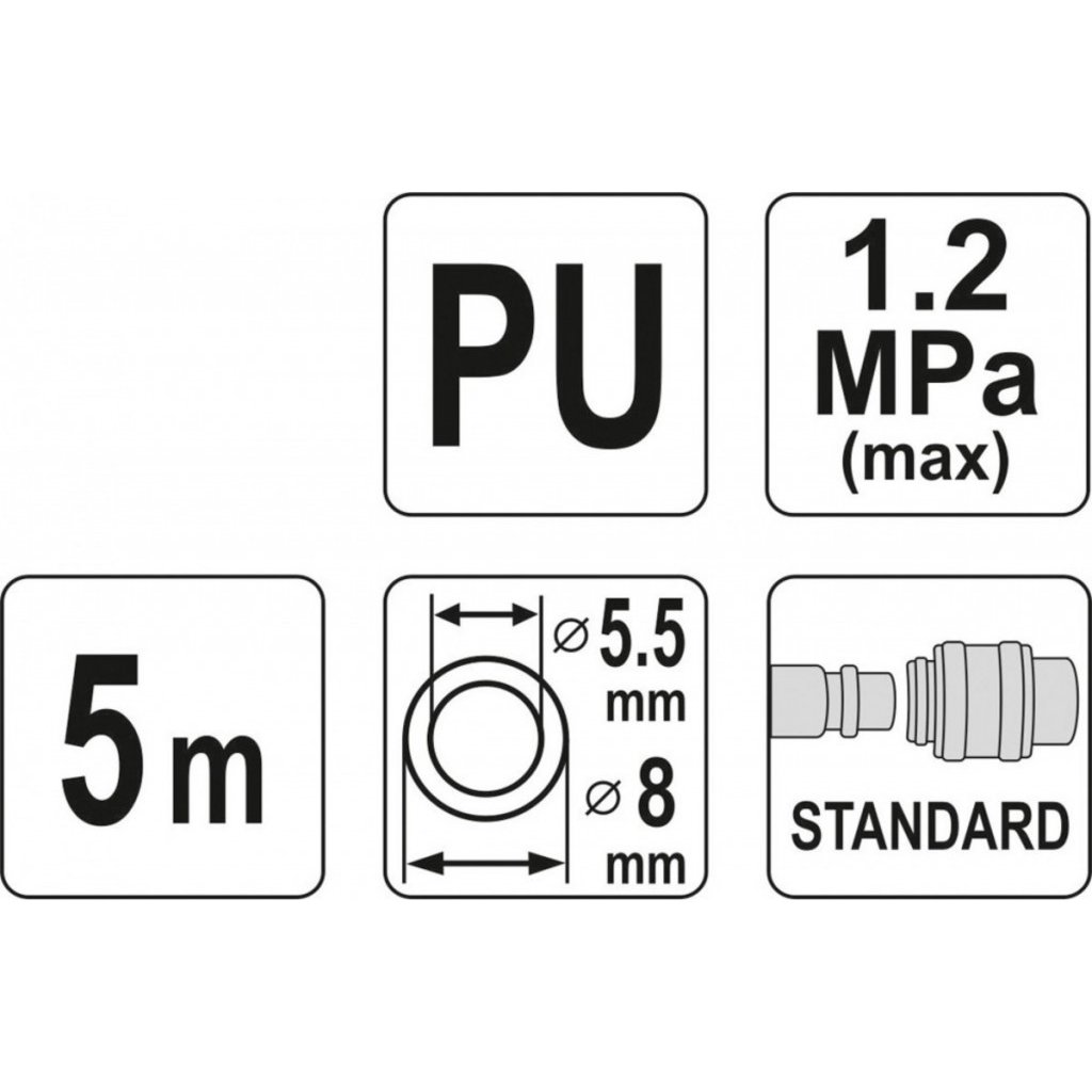 Spirálová vzduchová hadice 5m, PU průměr vnitřní 5,5mm, vnější 8mm - YT-24201