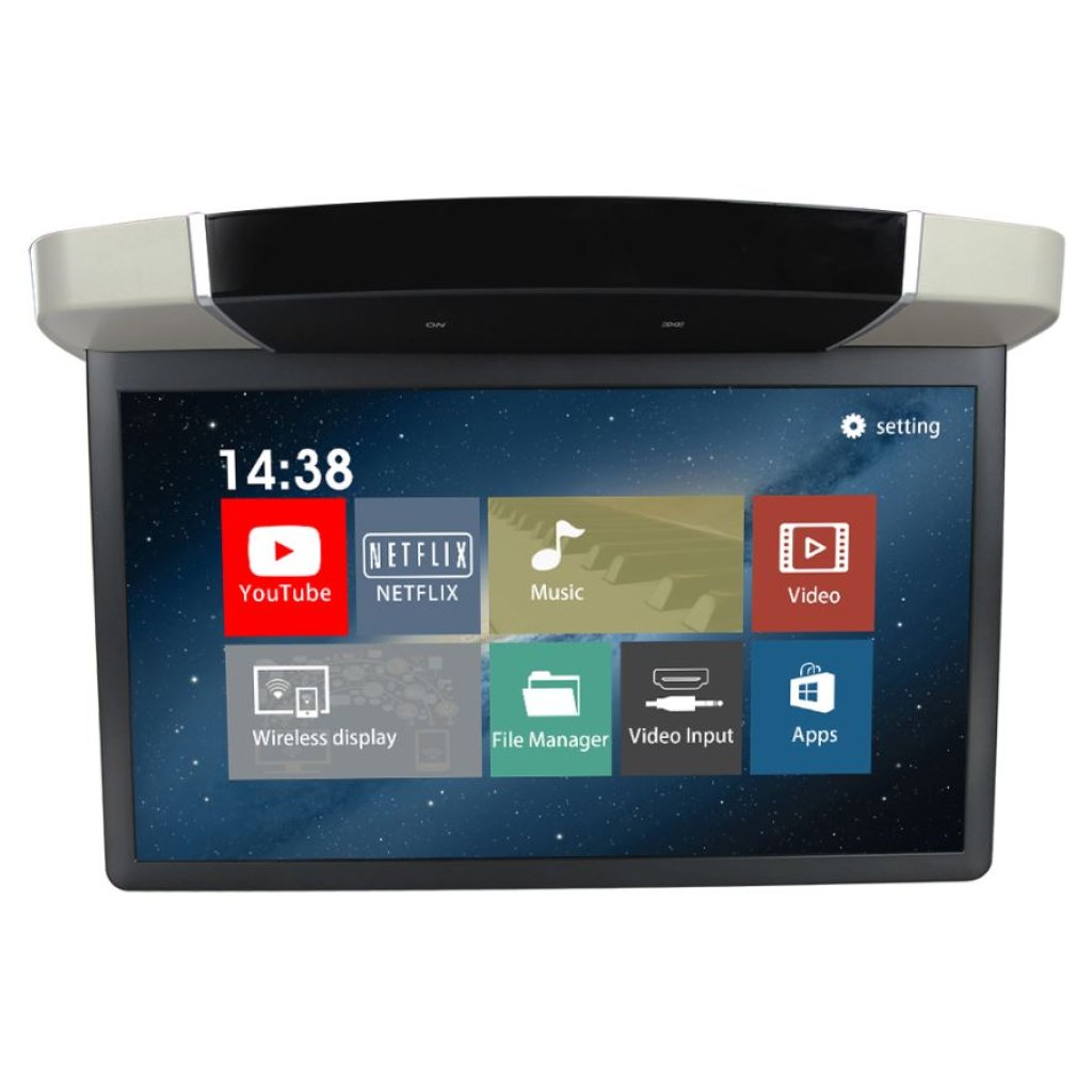 Stropní LCD monitor 15,6" šedý s OS. Android HDMI / USB, dálkové ovládání se snímačem pohybu