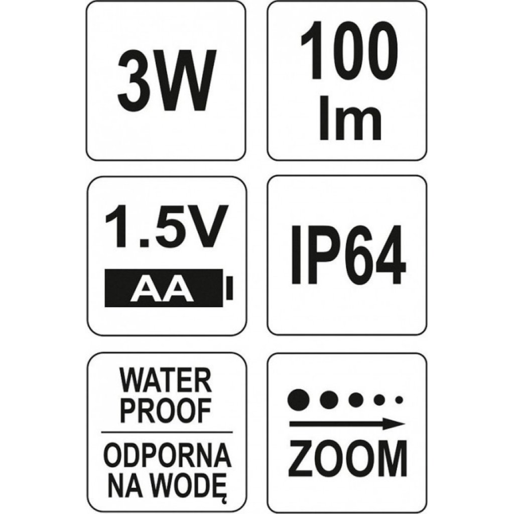Svítilna kapesní voděodolná IP64, fce ZOOM, 100lm, 3xAA, 100x25mm