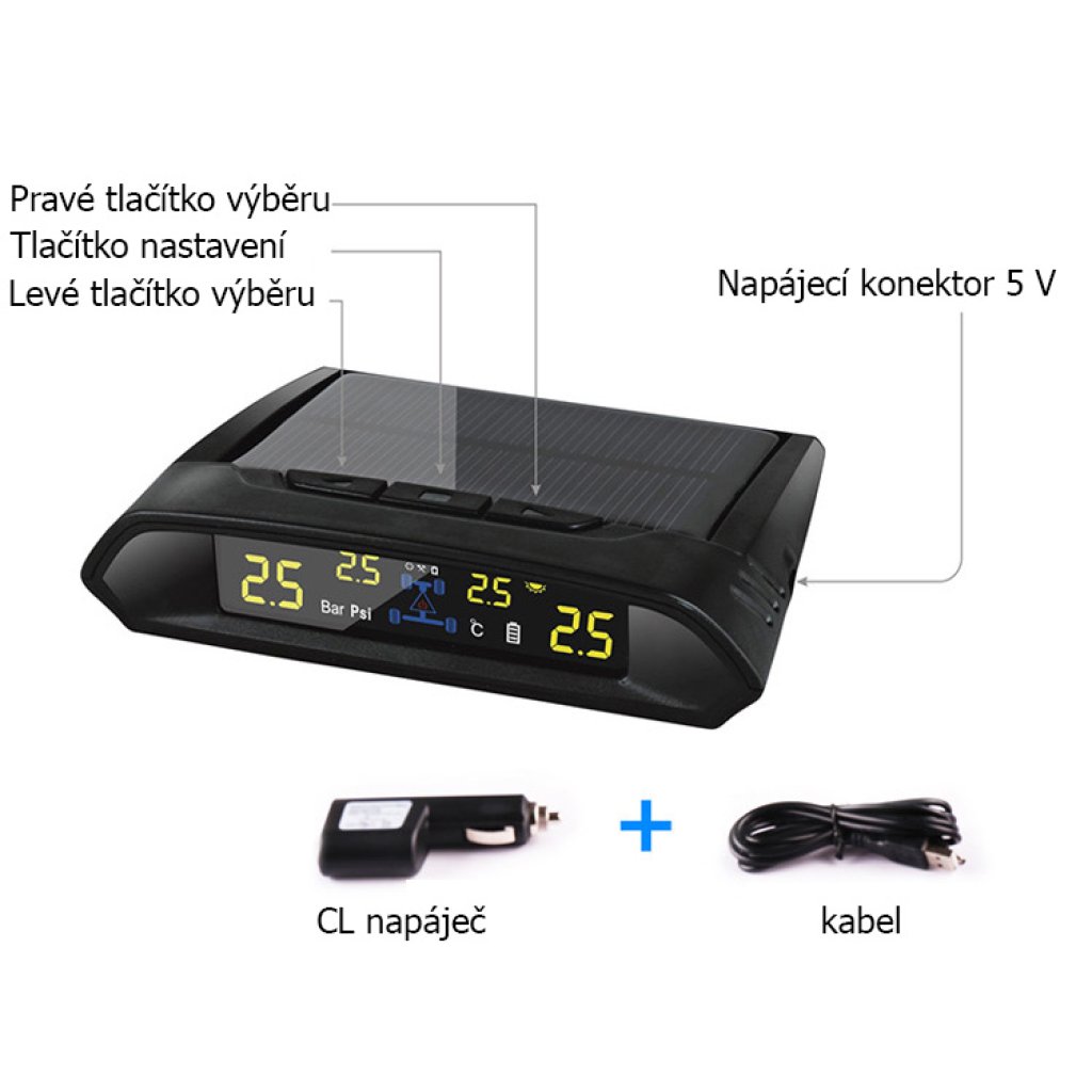 TPMS kontrola tlaku v pneumatice 4 externí čidla / solární napájení