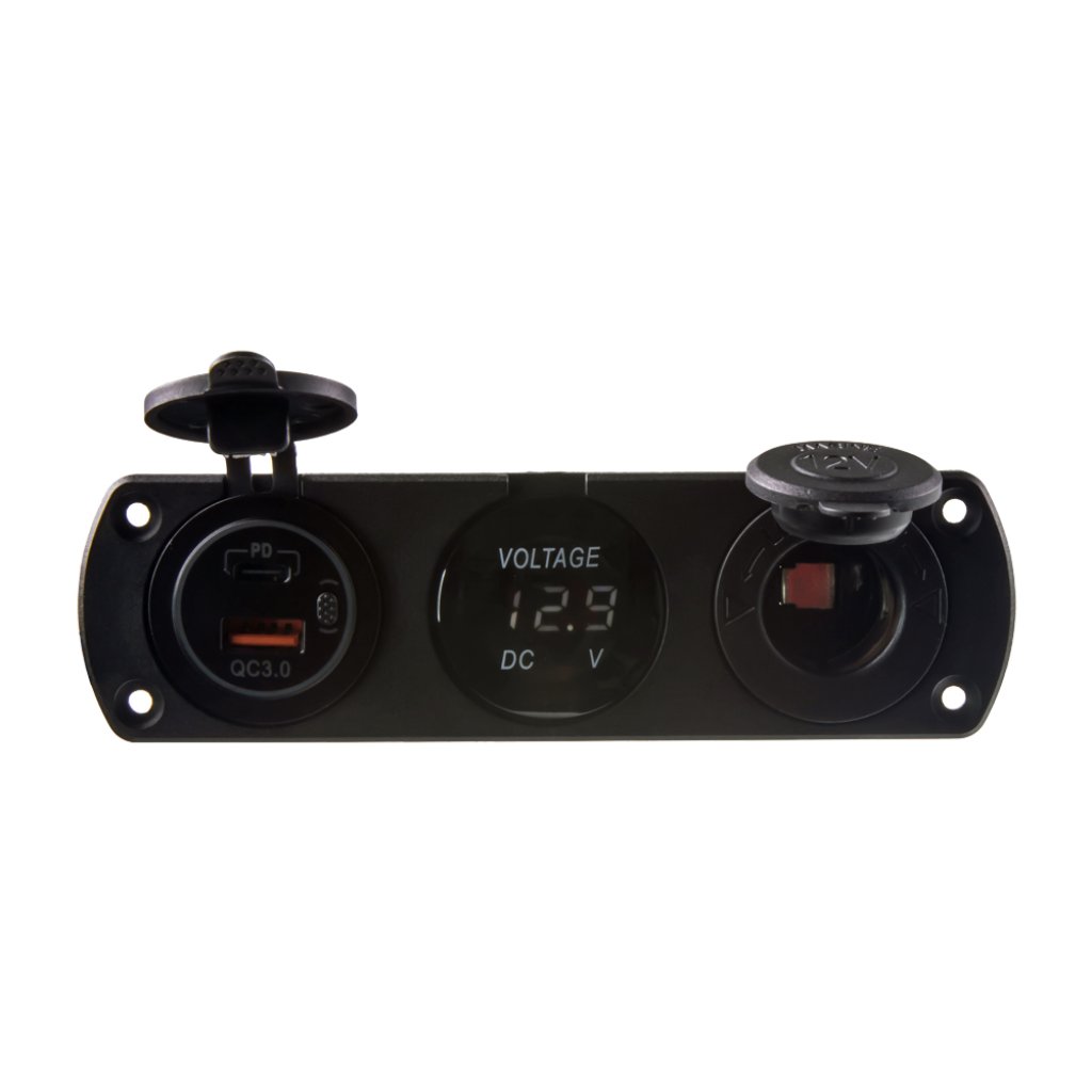 Trojitá zásuvka do panelu CL, Voltmetr, 2x USB nabíječka QC3.0/PD