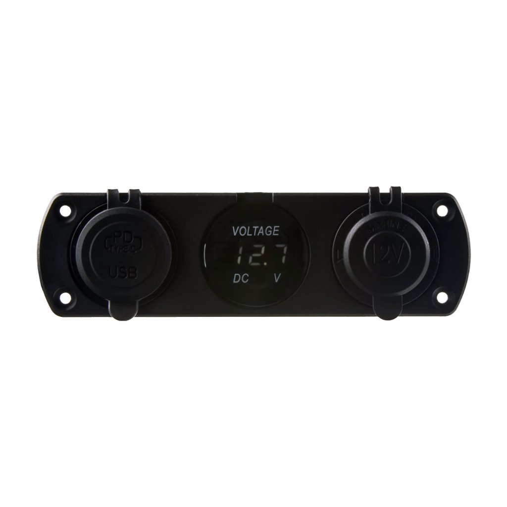 Trojitá zásuvka do panelu CL, Voltmetr, 2x USB nabíječka QC3.0/PD