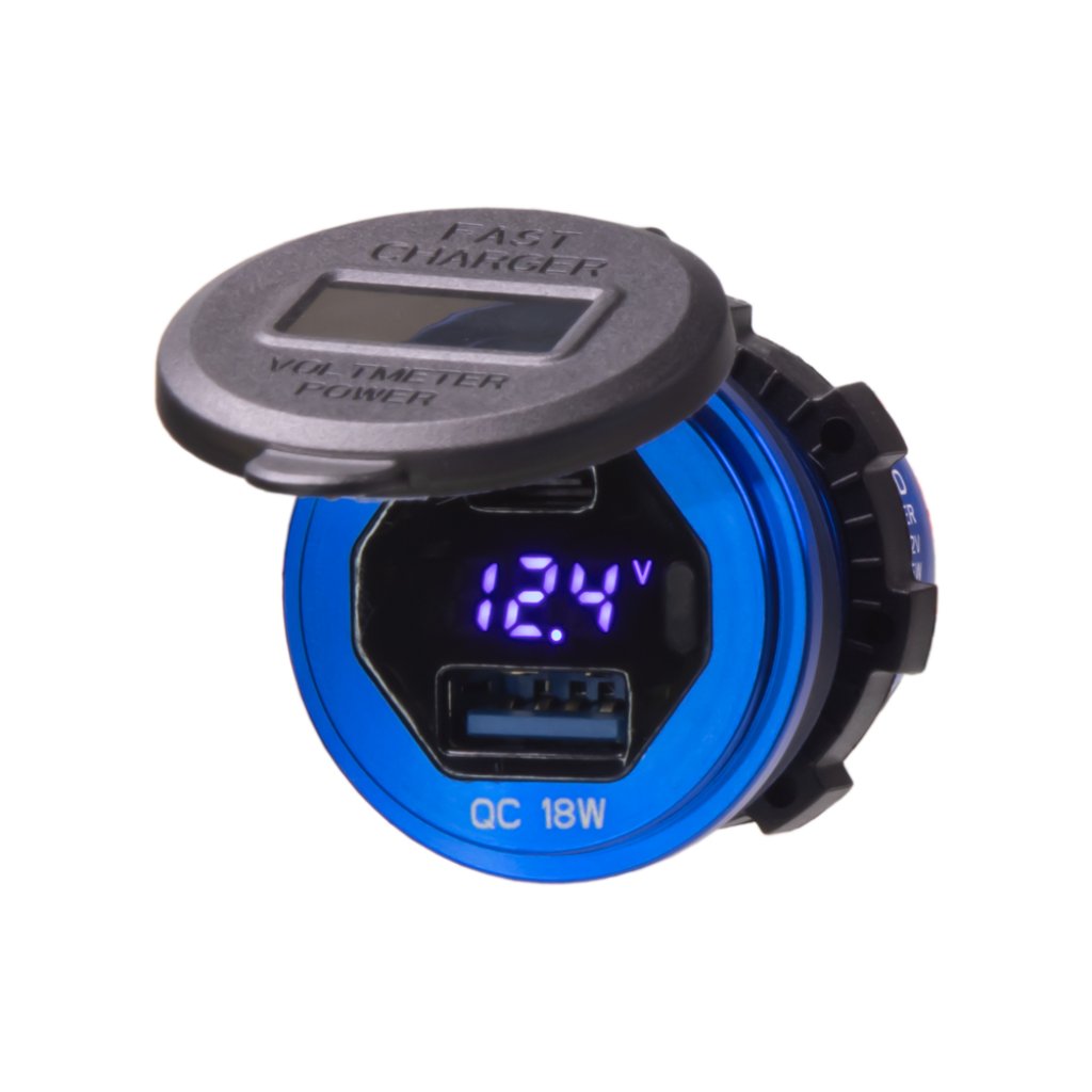 USB nabíječka QC + USB-C s voltmetrem/wattmetrem, hliníková do panelu, 18W + 45W