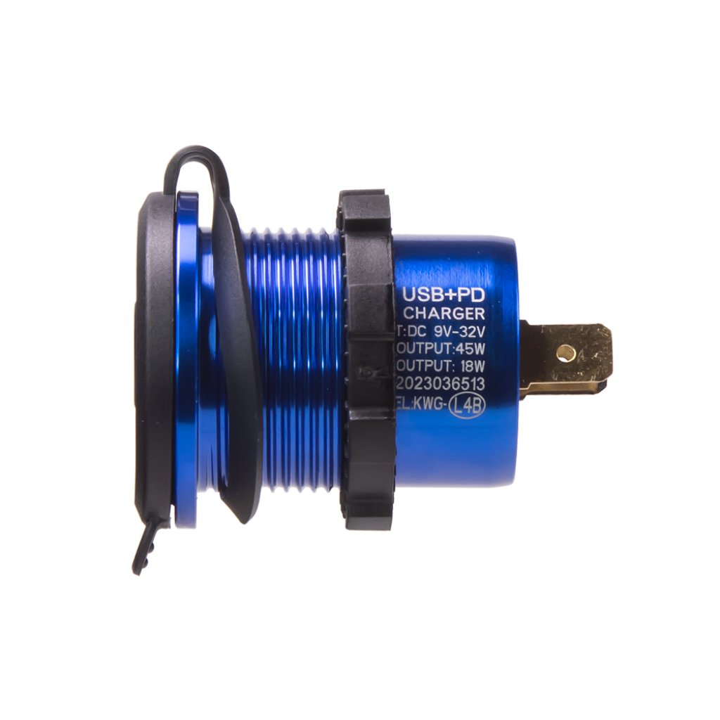 USB nabíječka QC + USB-C s voltmetrem/wattmetrem, hliníková do panelu, 18W + 45W