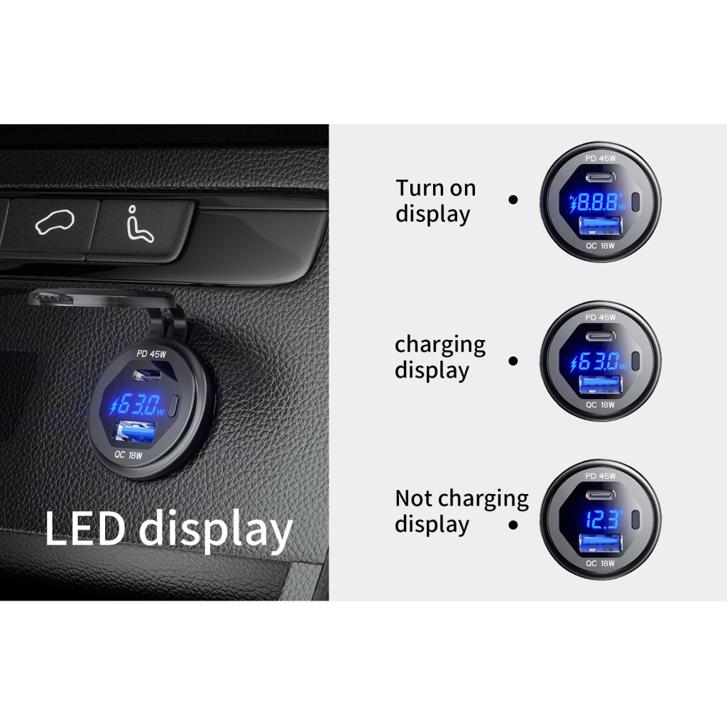 USB nabíječka QC + USB-C s voltmetrem/wattmetrem, hliníková do panelu, 18W + 45W
