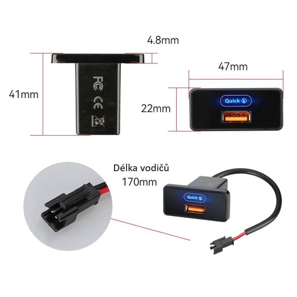 USB nabíječka QC3.0 do panelu. 12/24V