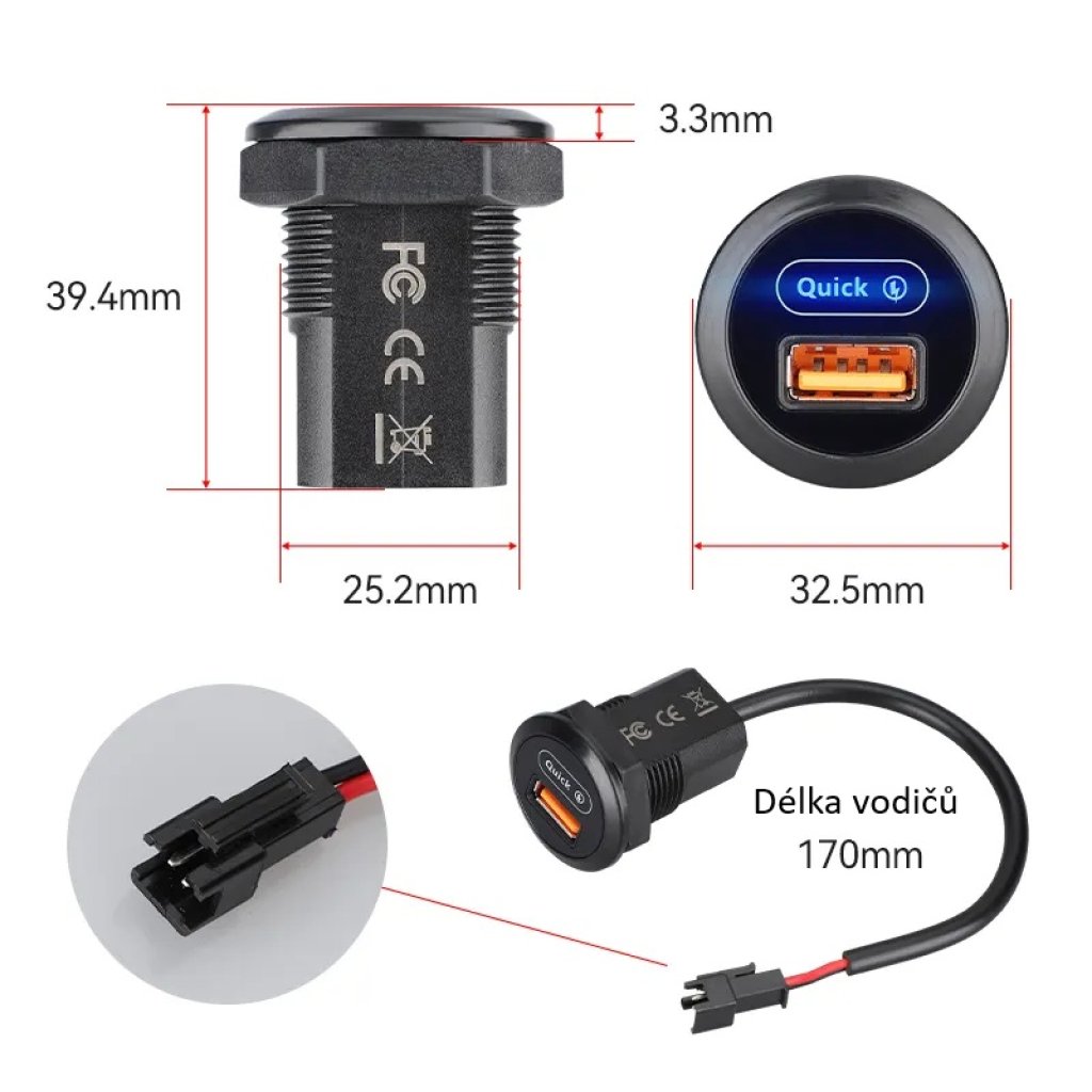 USB nabíječka QC3.0 do panelu, kulatá, 12/24V