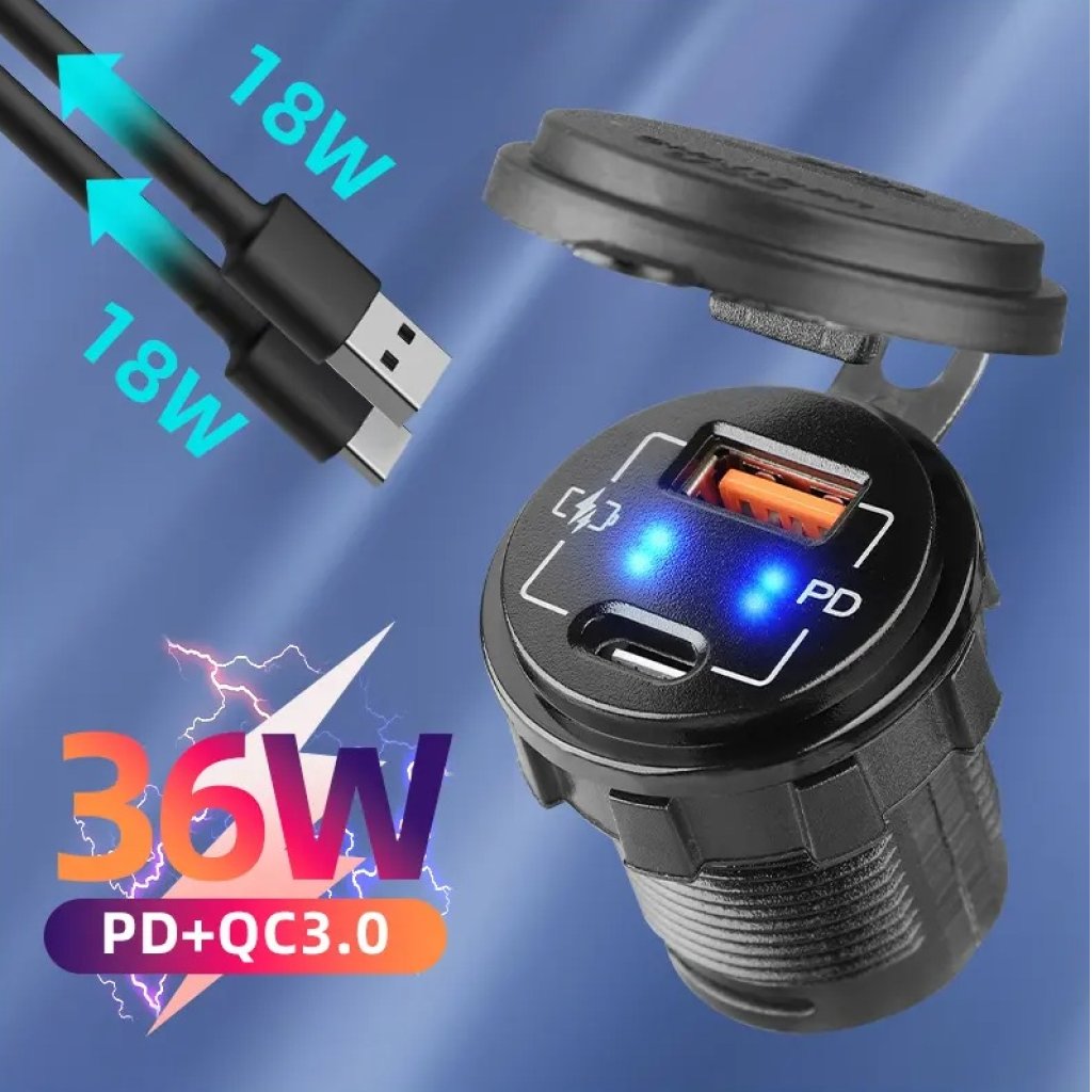 USB nabíječka QC3.0 + USB-C, 12/24V