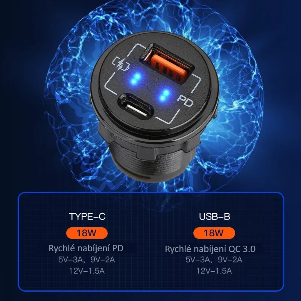 USB nabíječka QC3.0 + USB-C, 12/24V