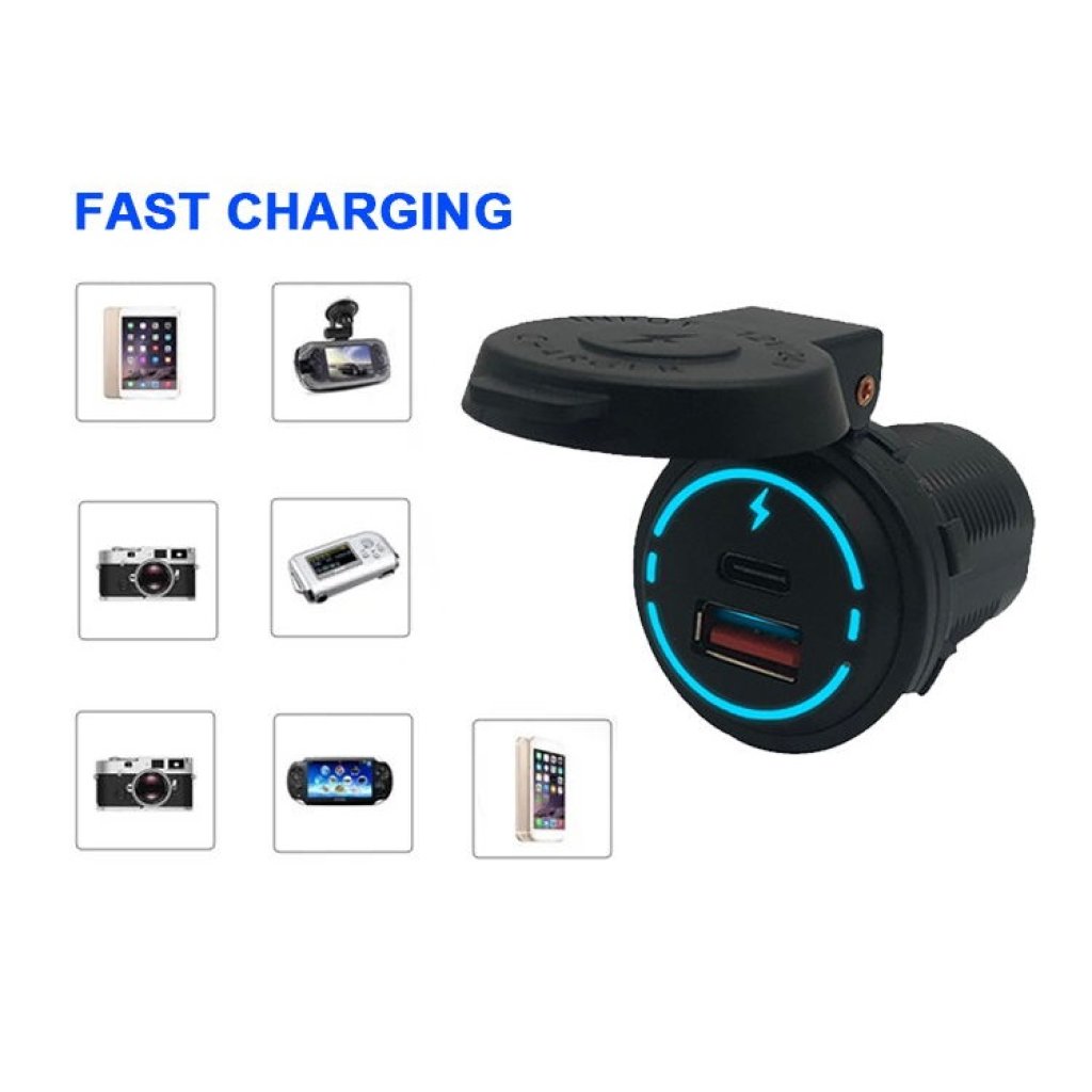 USB QC3.0 + USB-C PD 18W zásuvka 12/24V, voděodolná
