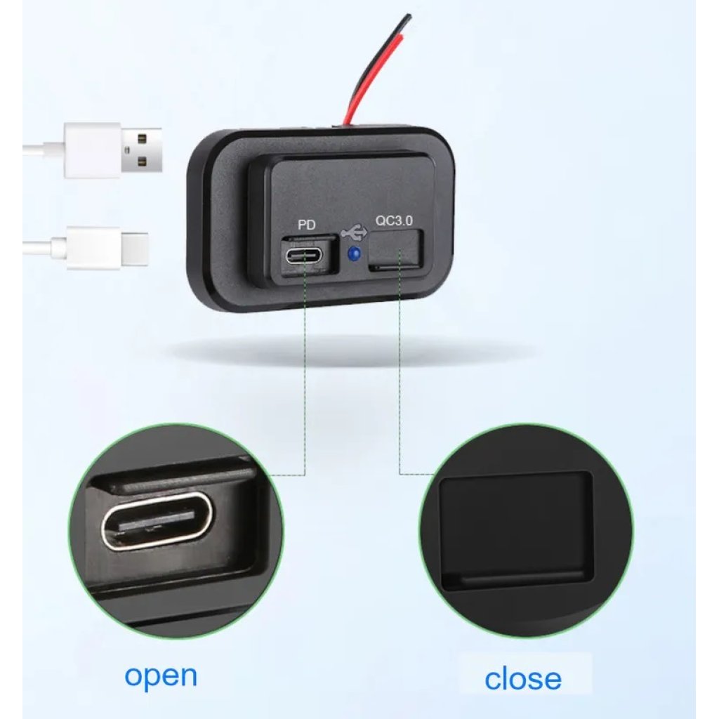 USB QC3.0 + USB-C PD zásuvka 12/24V, montáž na povrch