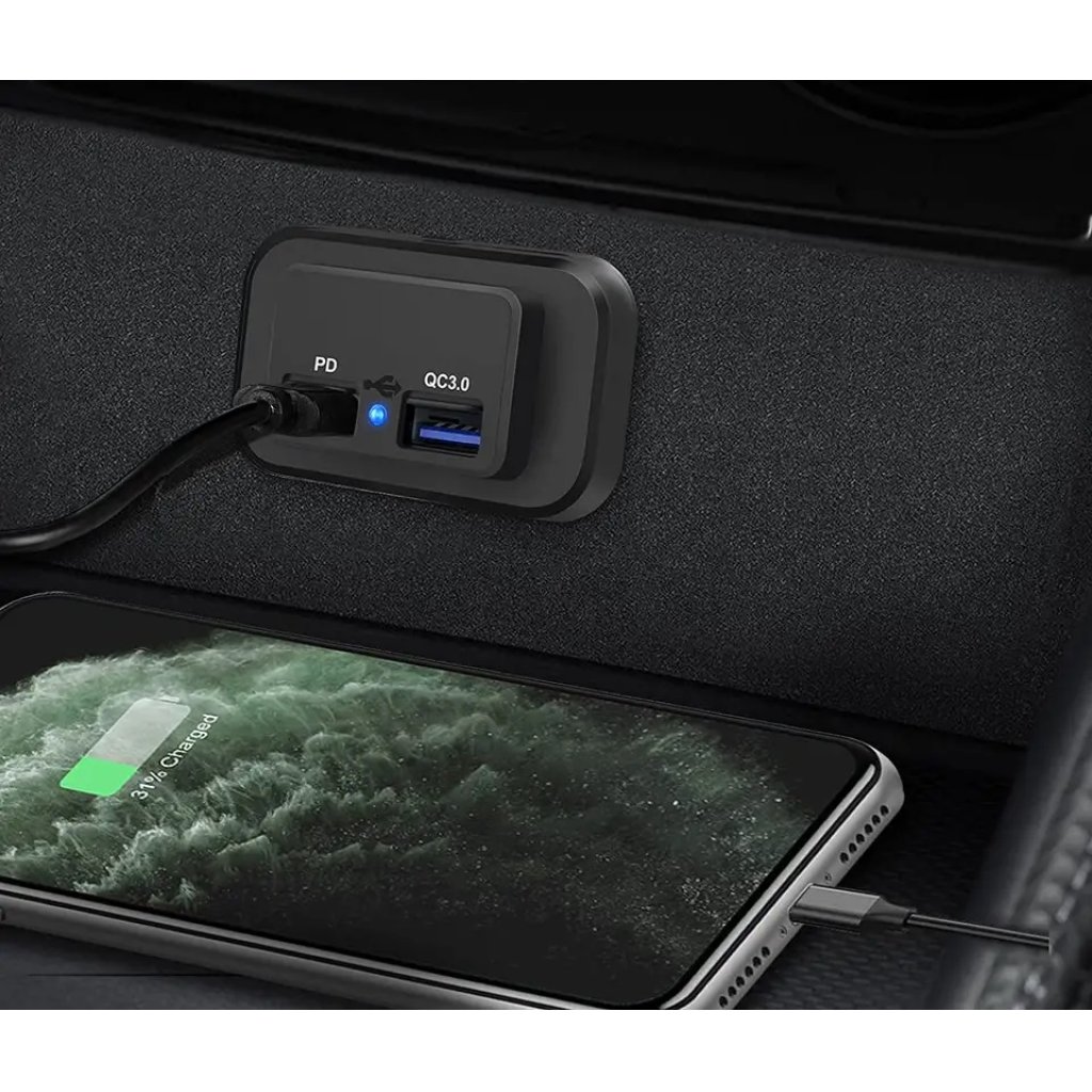 USB QC3.0 + USB-C PD zásuvka 12/24V, montáž na povrch