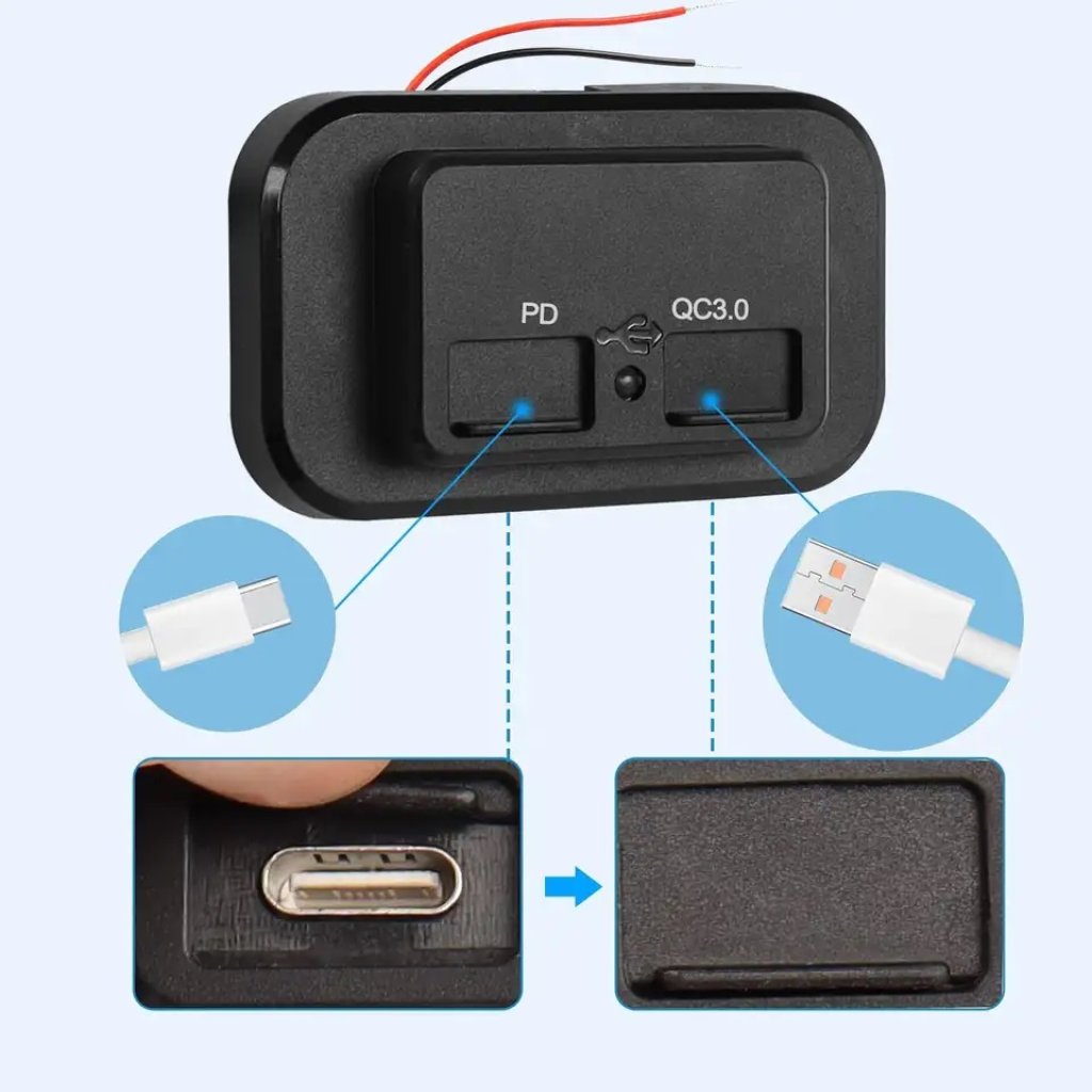 USB QC3.0 + USB-C PD zásuvka 12/24V, montáž na povrch