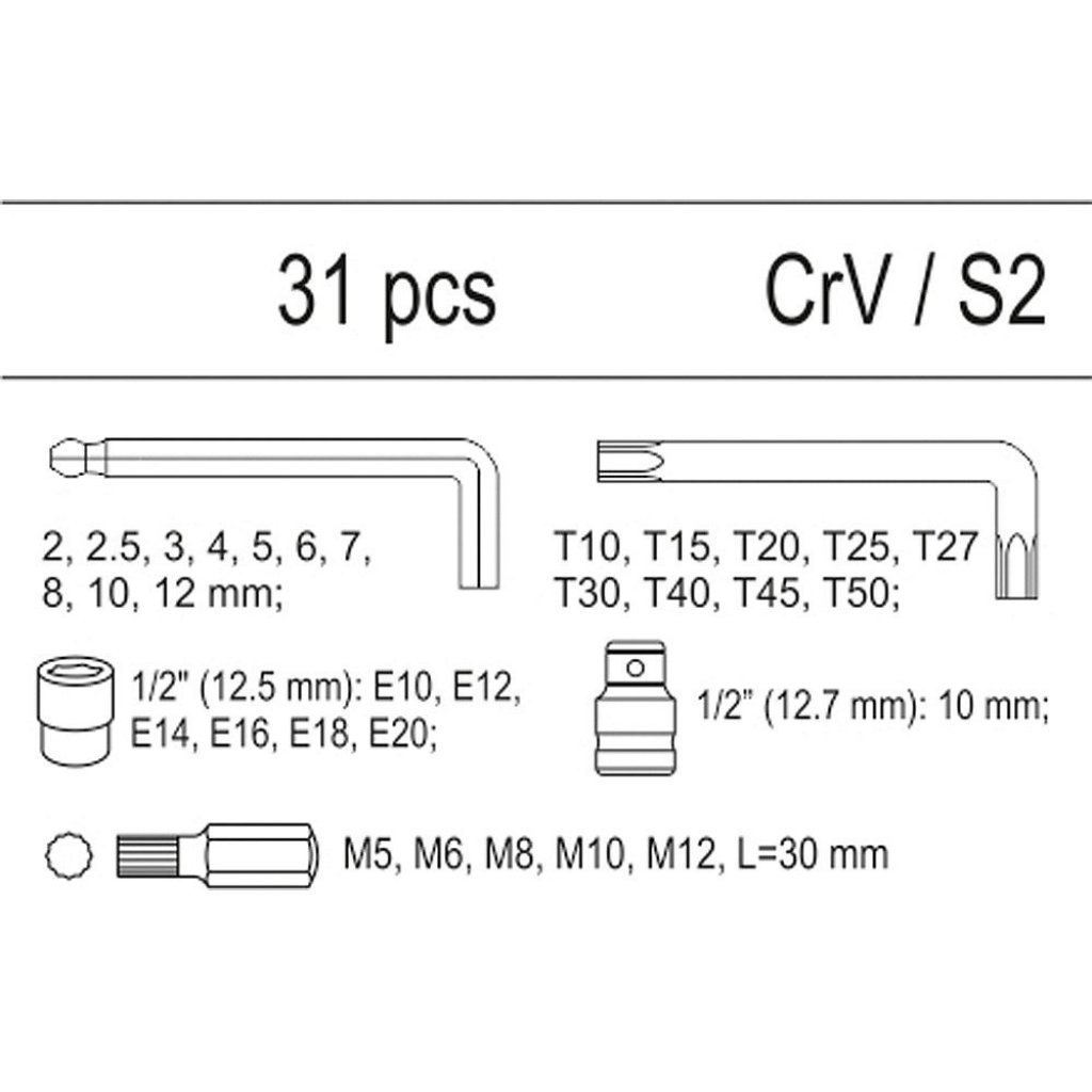Vložka do zásuvky - imbus 2-12mm, torx T10-T50, 1/2" E10-E20, adaptéry M5- M12