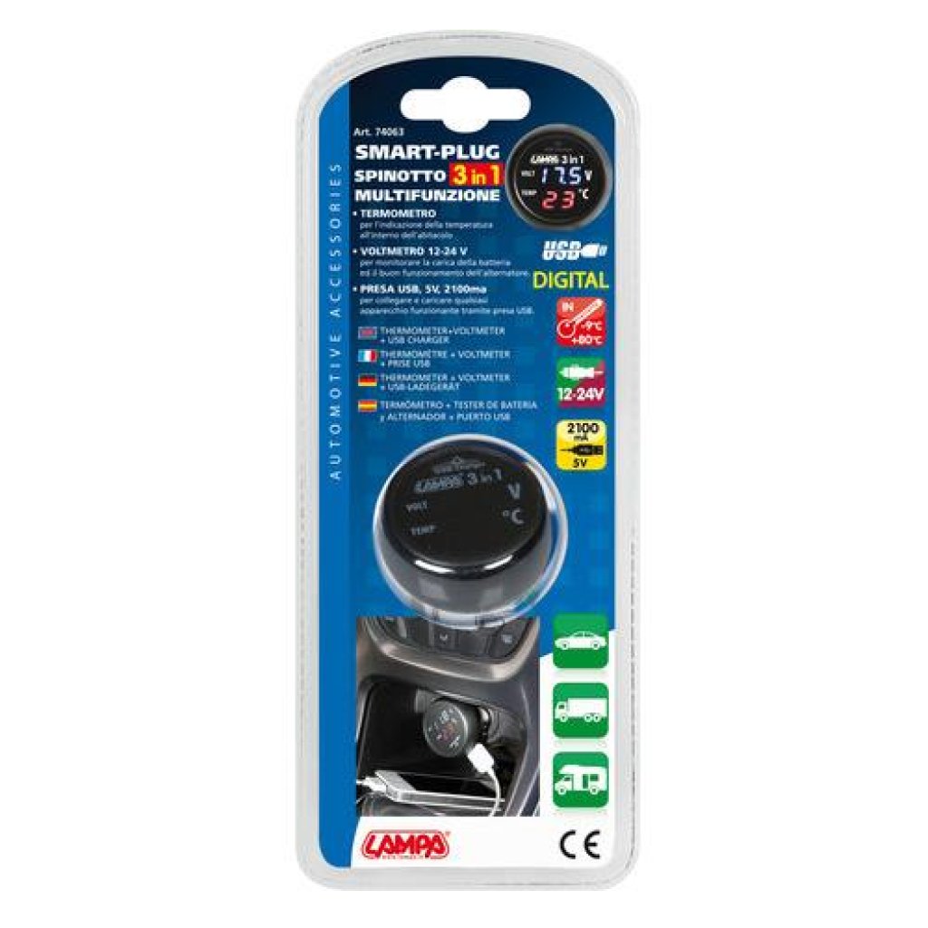 Voltmetr digitální s teploměrem a USB 2,1Ah, 74063