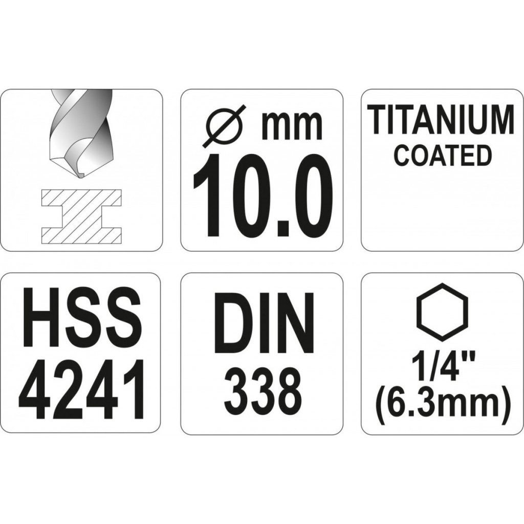 Vrták do kovu 10mm, TITAN HEX 1/4", délka 133mm - YT-44772