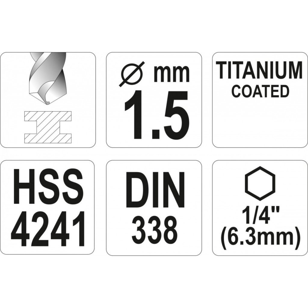 Vrták na kov 1,5mm TITAN HEX 1/4", délka 63mm - YT-44750