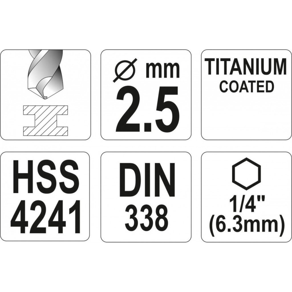Vrták na kov 2,5mm TITAN HEX 1/4", délka 80mm - YT-44752