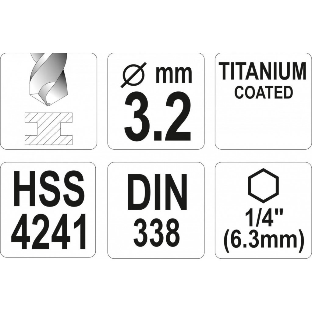 Vrták na kov 3,2mm TITAN HEX 1/4", délka 85mm - YT-44755