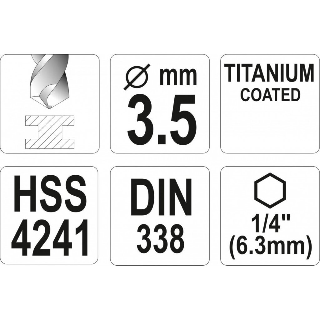 Vrták na kov 3,5mm TITAN HEX 1/4", délka 90mm - YT-44756