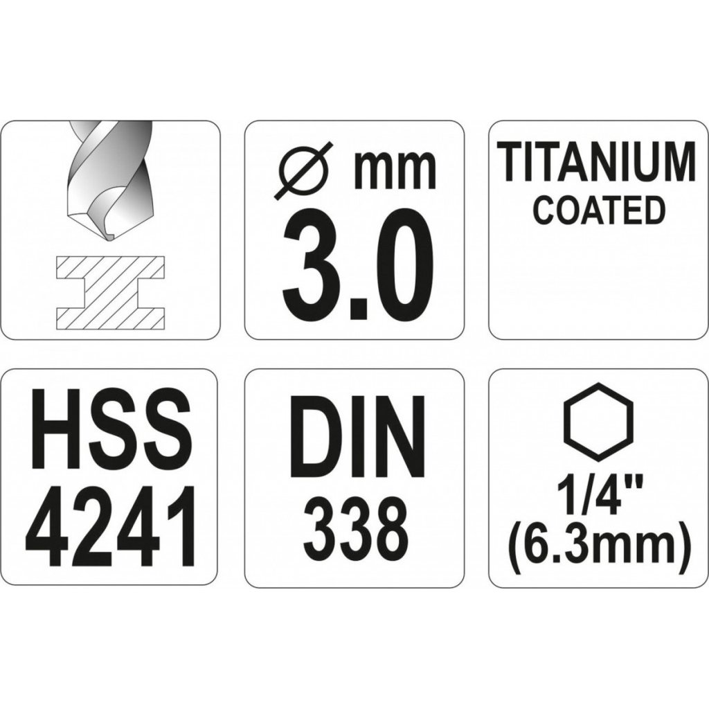 Vrták na kov 3mm TITAN HEX 1/4", délka 81mm - YT-44754