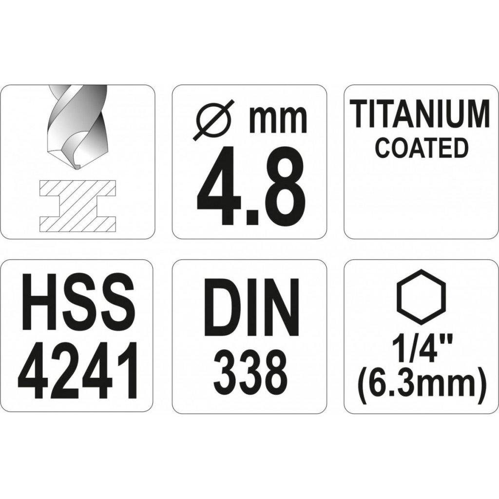 Vrták na kov 4,8mm TITAN HEX 1/4", délka 106mm - YT-44760