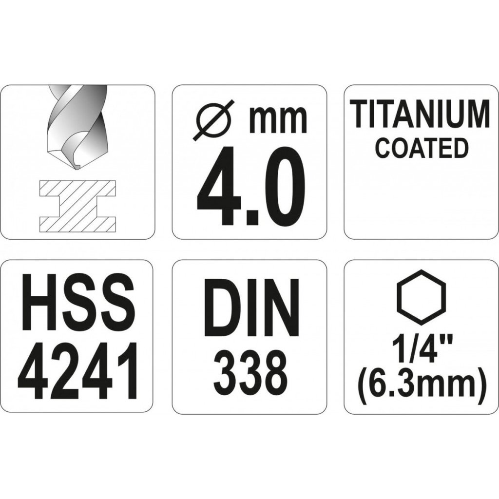 Vrták na kov 4mm TITAN HEX 1/4", délka 95mm - YT-44757