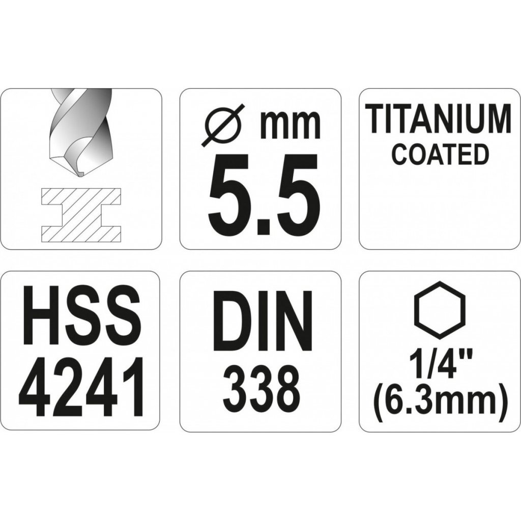 Vrták na kov 5,5mm TITAN HEX 1/4", délka 113mm - YT-44763