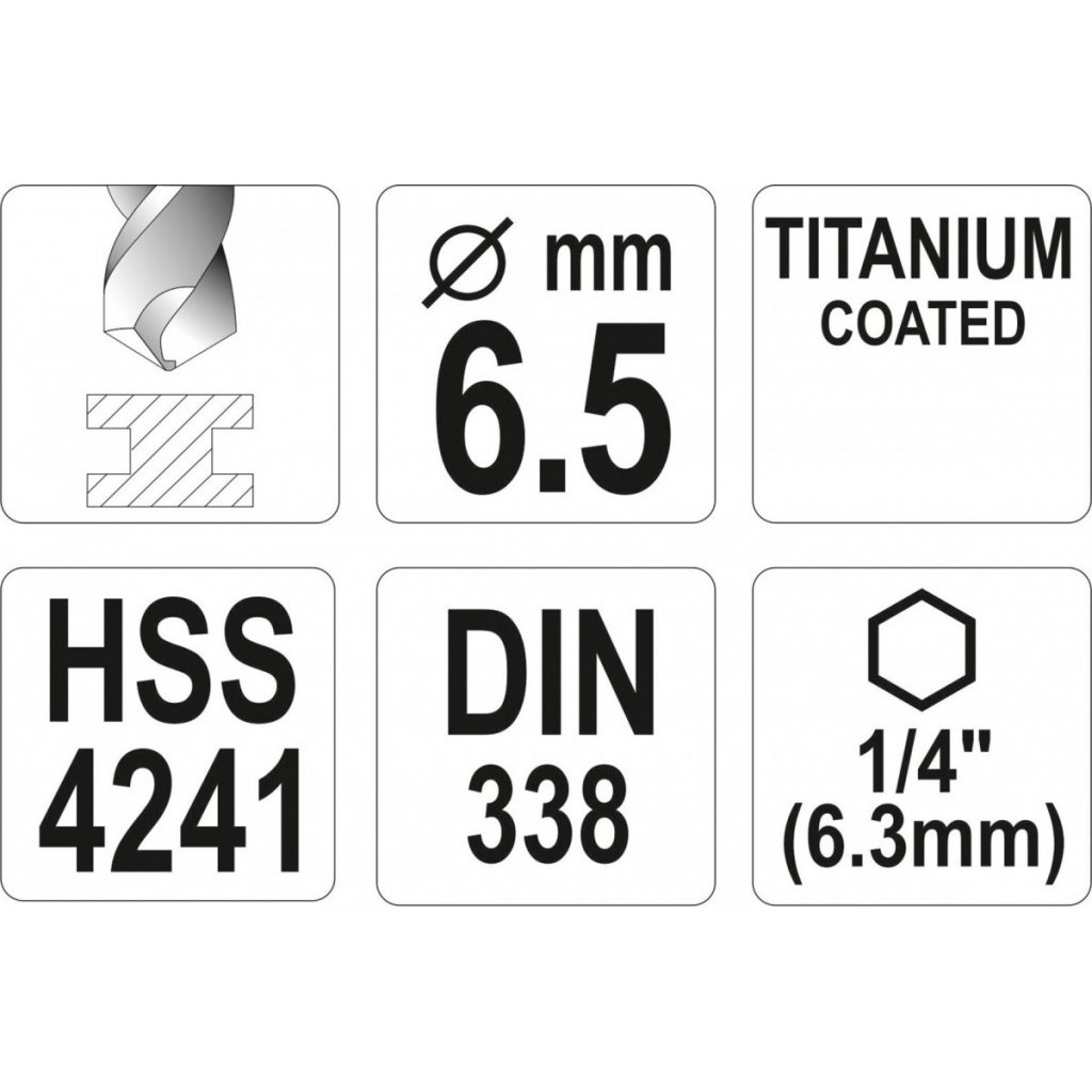 Vrták na kov 6,5mm TITAN HEX 1/4", délka 121mm - YT-44765