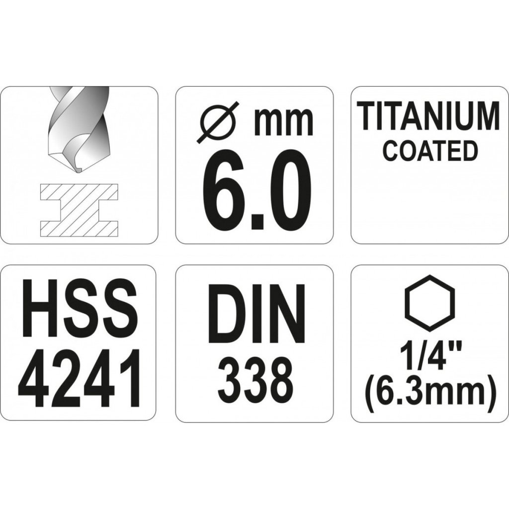 Vrták na kov 6mm TITAN HEX 1/4", délka 113mm - YT-44764