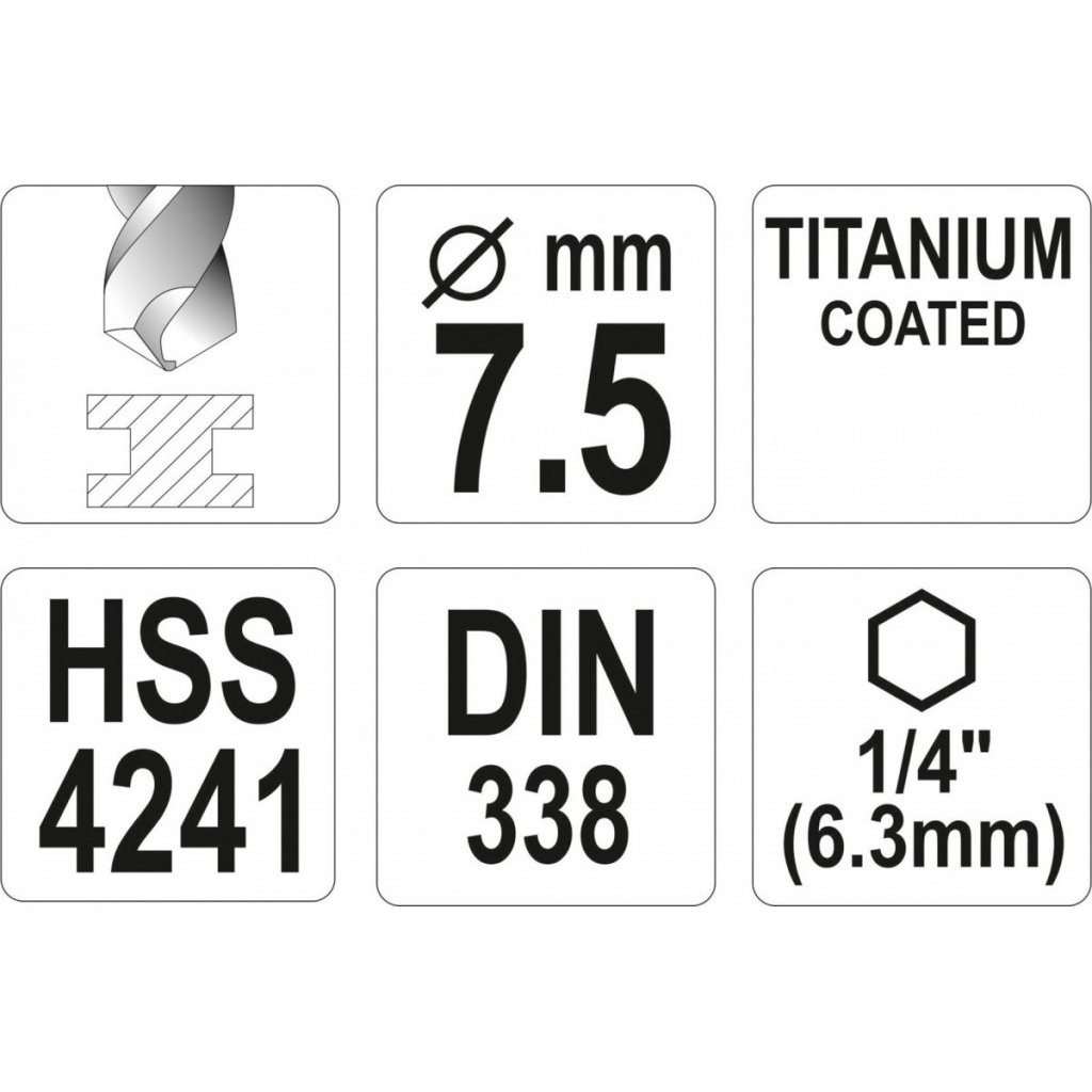 Vrták na kov 7,5mm TITAN HEX 1/4", délka 109mm - YT-44767