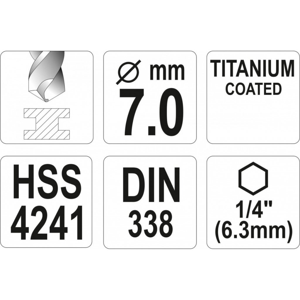 Vrták na kov 7mm TITAN HEX 1/4", délka 109mm - YT-44766