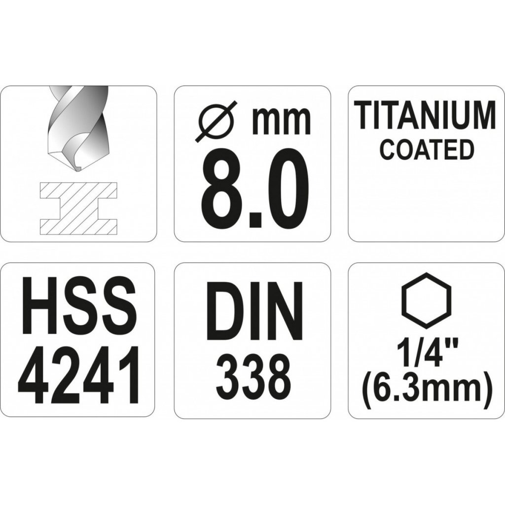 Vrták na kov 8mm TITAN HEX 1/4", délka 117mm - YT-44768