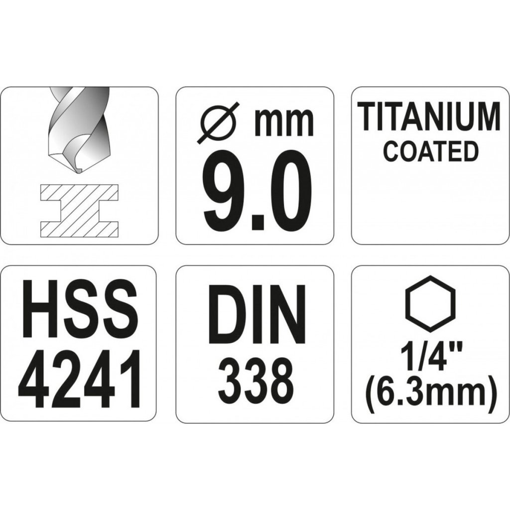 Vrták na kov 9mm TITAN HEX 1/4" - YT-44770