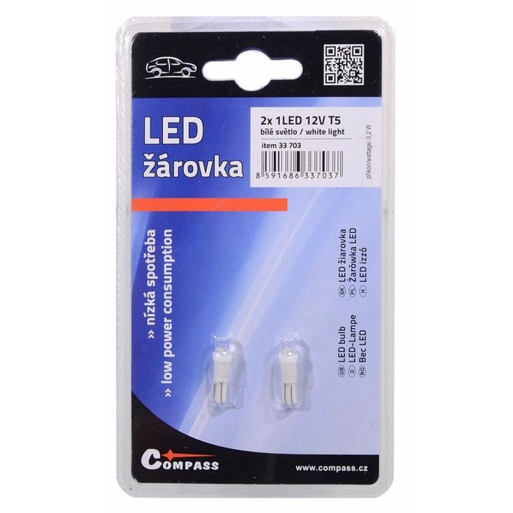 Žárovka 1LED 12V T5 bílá 2ks, 33703