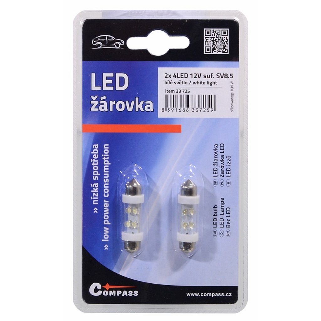 Žárovka 4LED 12V sufit SV8.5 38mm bílá, 33725