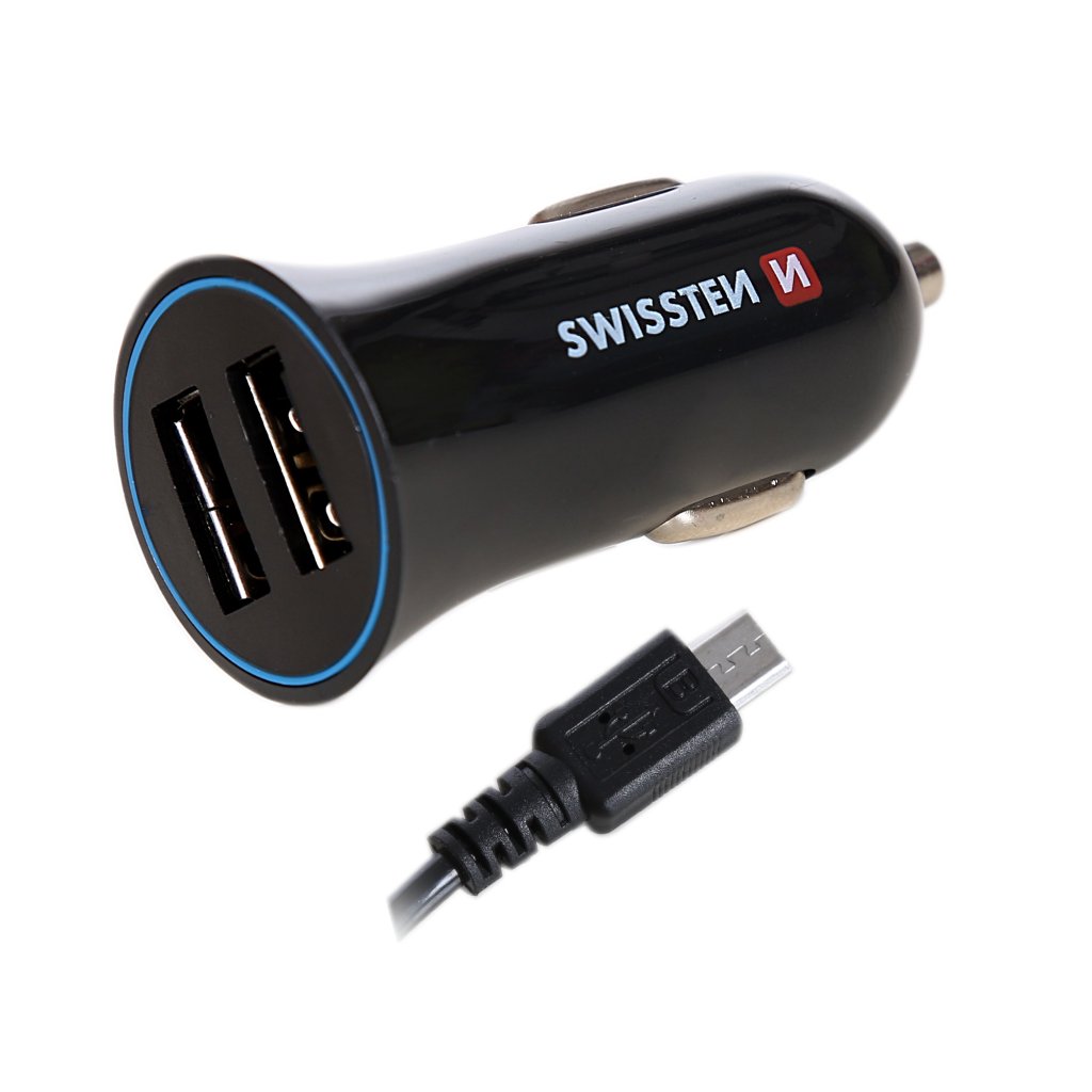 Zástrčka SWISSTEN s 2x USB výstupem 2,4 A, 12/24V s kabelem USB-C, 45349