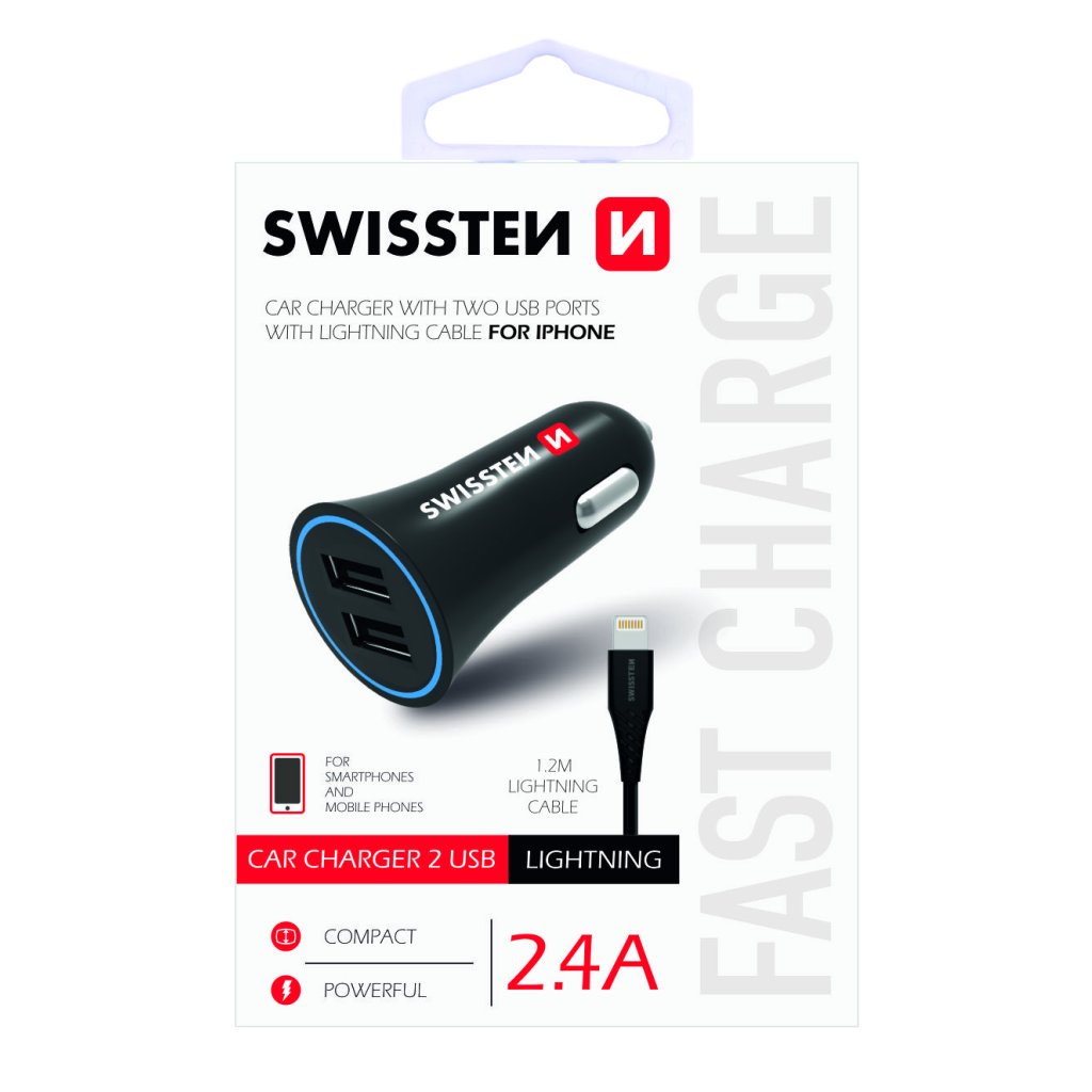 Zástrčka SWISSTEN s 2x USB výstupem 2,4A, 12/24V s kabelem lightning (iPhone), 46751