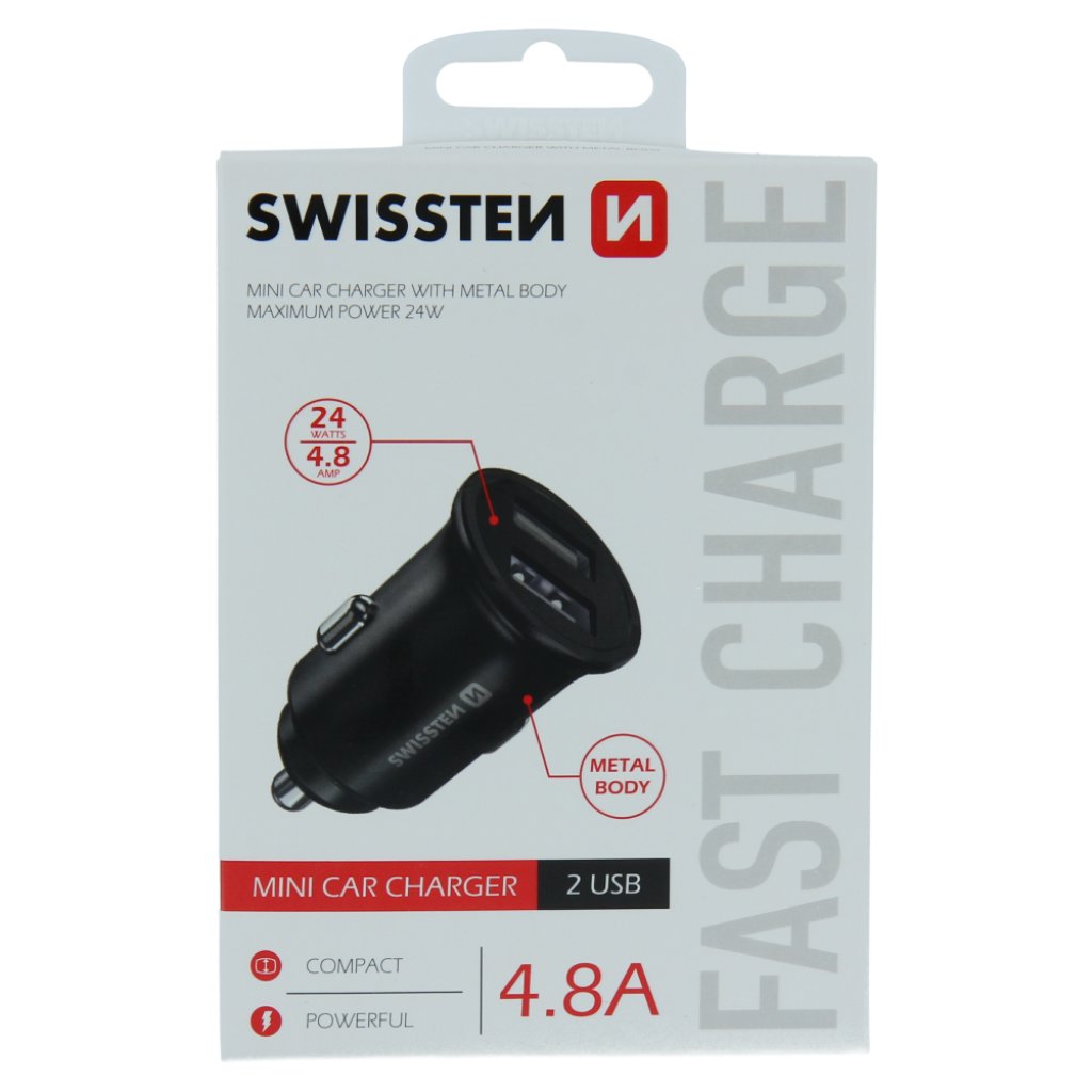 Zástrčka SWISSTEN s 2x USB výstupem 4,8 A (2,4A, 2,4A), 12/24V, 47413