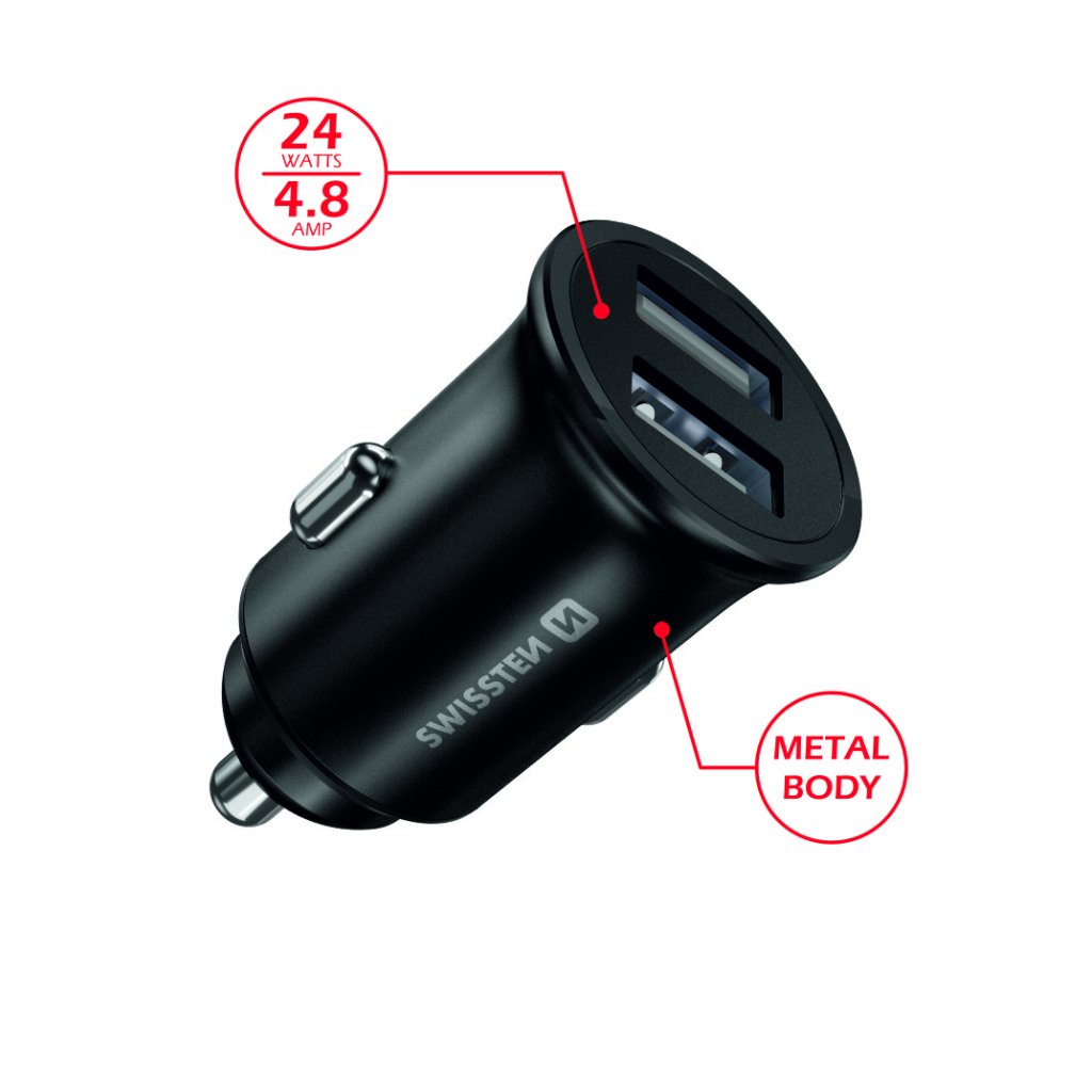 Zástrčka SWISSTEN s 2x USB výstupem 4,8 A (2,4A, 2,4A), 12/24V, 47413