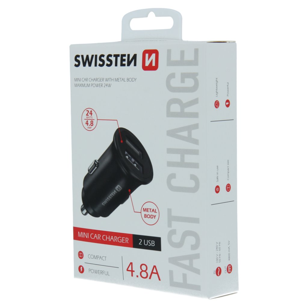 Zástrčka SWISSTEN s 2x USB výstupem 4,8 A (2,4A, 2,4A), 12/24V, 47413