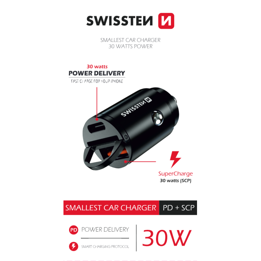 Zástrčka SWISSTEN s USB-C Power Delivery a USB-A Super Charge 3.0 30W, černý, 47681