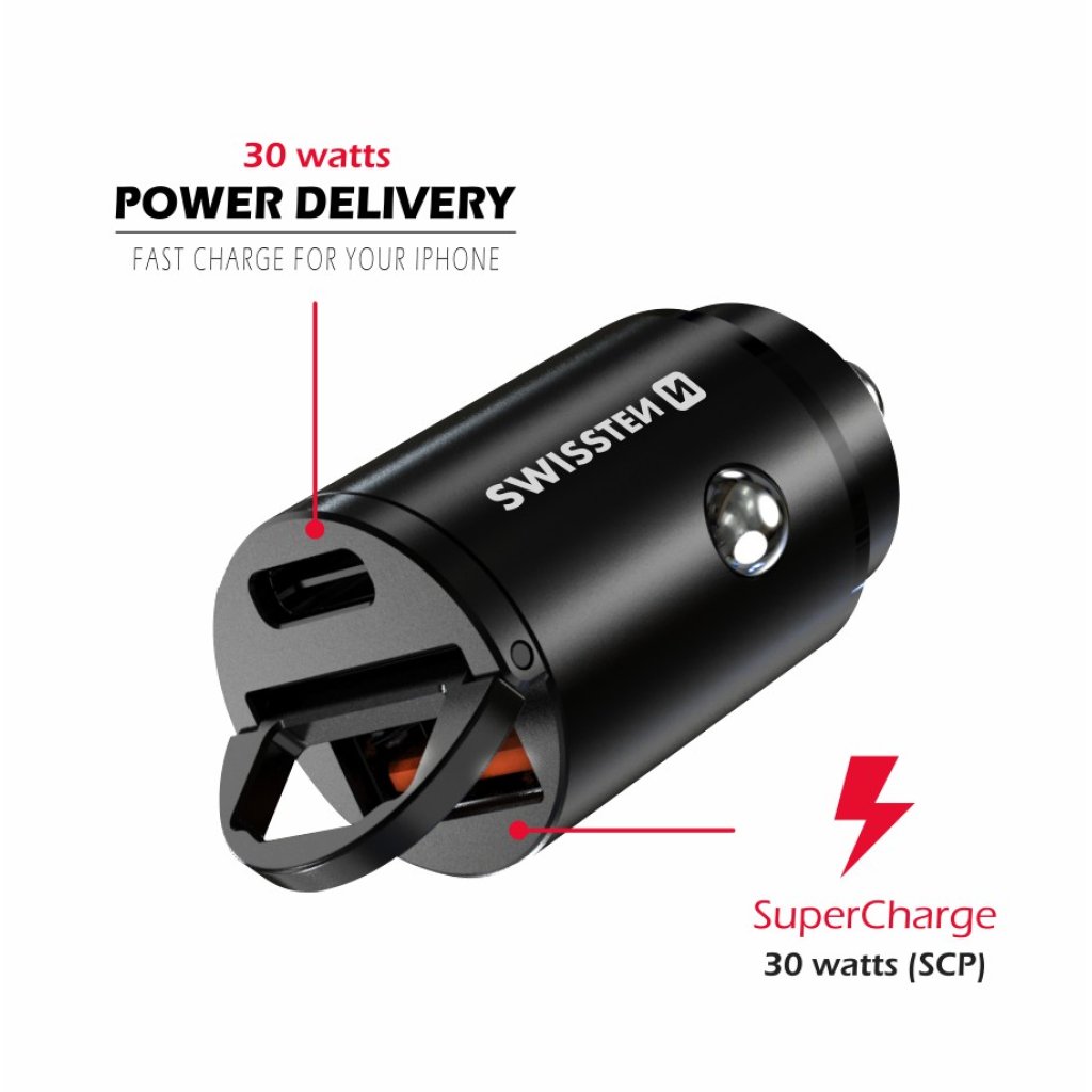 Zástrčka SWISSTEN s USB-C Power Delivery a USB-A Super Charge 3.0 30W, černý, 47681