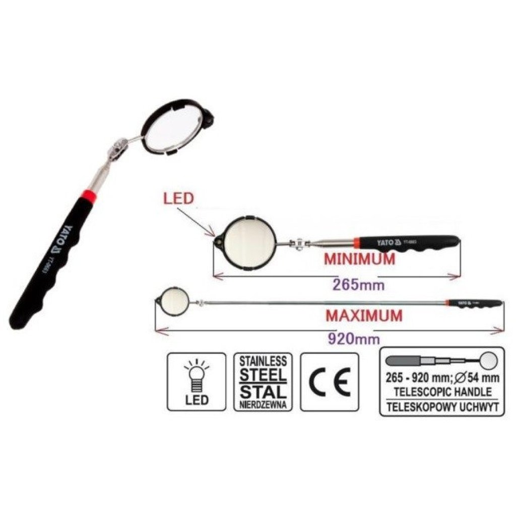 Zrcátko kontrolní teleskopické s LED osvětlením 265-920mm - YT-0663
