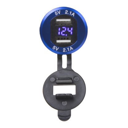 2x USB nabíječka s voltmetrem, hliníková do panelu, modrá