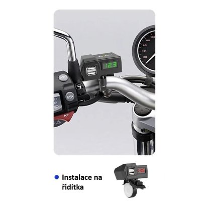 2x USB nabíječka s voltmetrem na motocykl, zelený displej